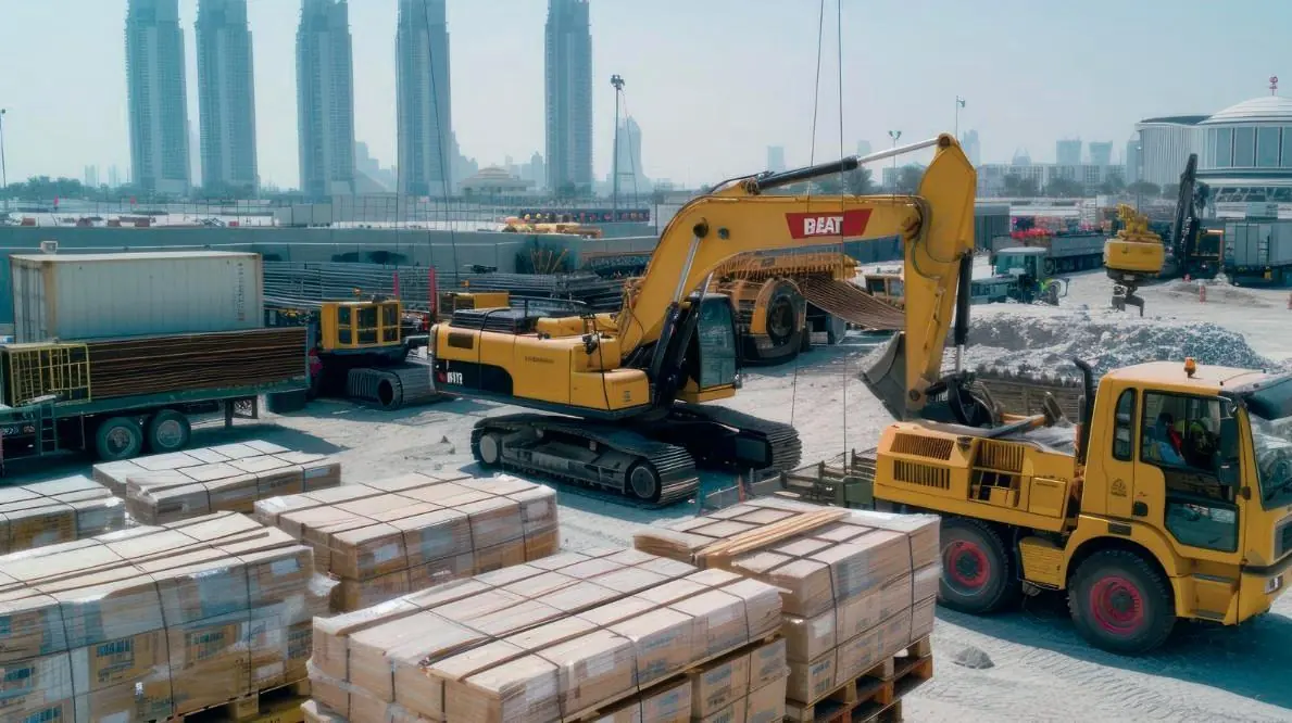 Construction equipment and supplied materials at a project site