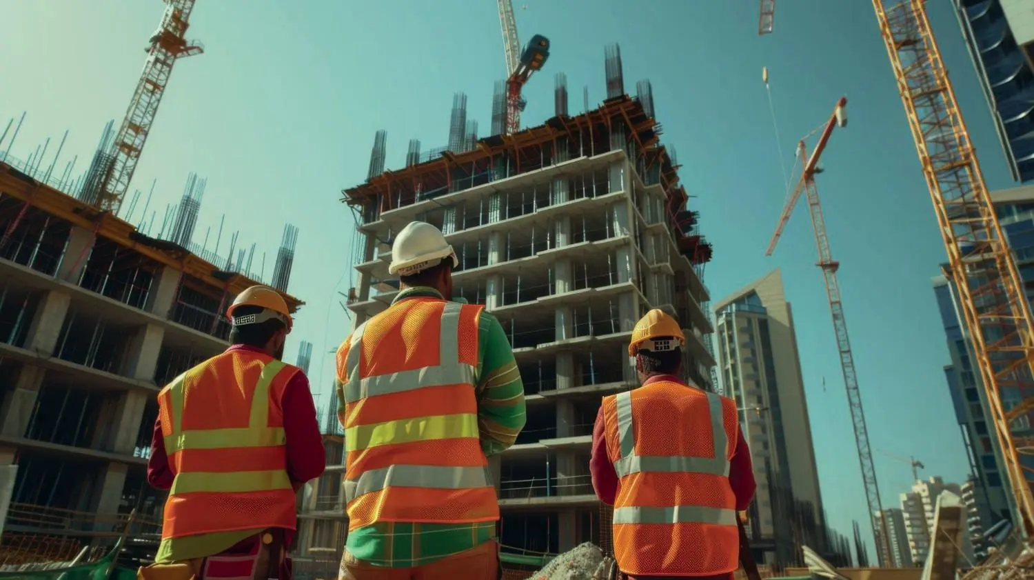 Construction team coordinating work on a concrete building