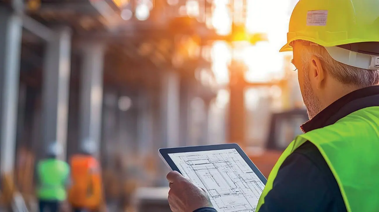 Engineer reviewing project information on a tablet